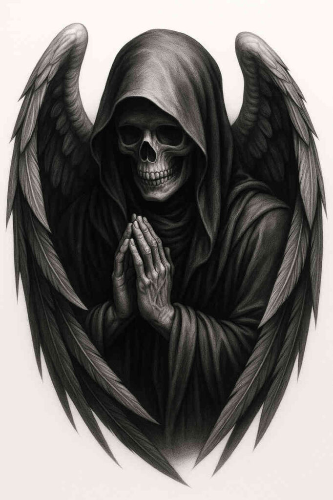 Dark black-and-grey angel with wing, hood, and hand; tattoo project, perfect for a cover-up.