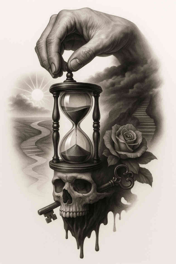 Black and grey fine-line tattoo design of a hand gripping an hourglass above a dripping skull with roses, cover-up-ready AI-generated concept.