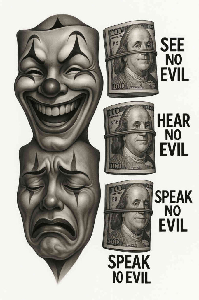 Two grayscale theater masks (comedy and tragedy) with stacked money bills in black and grey; tattoo design concept; project idea; not suitable for cover-up.