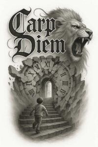 Black and grey tattoo project with a roaring lion, Carpe Diem lettering, a cracked clock, staircase, doorway, and a boy.