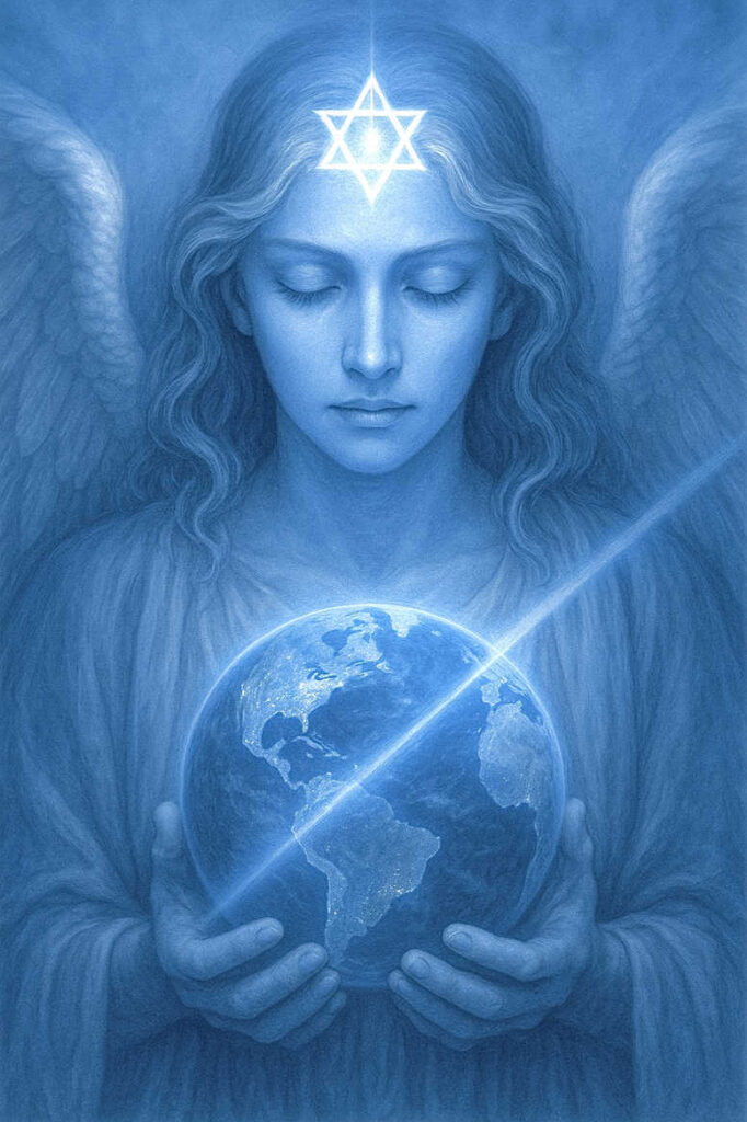 Blue monochrome image of an angel holding a globe with a star on the forehead; AI-generated tattoo project idea; suitable for a cover-up: no.