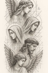Black and grey fine-line tattoo project featuring angel, veiled woman, and Jesus with crown of thorns, and geometric linework background; not intended as a cover-up.