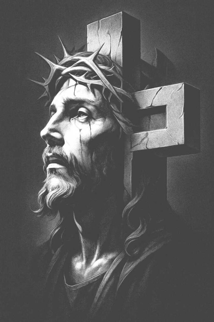 Jesus portrait with crown of thorns and cross behind the head in black and grey; tattoo project, cover-up-friendly.