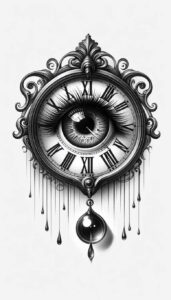 Clock with ornate frame and suspended pendulum in black and grey; eye centered inside the dial; tattoo project, cover-up suitable.