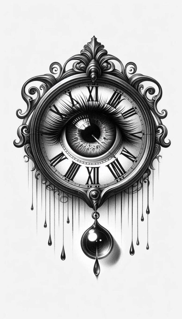 Clock with ornate frame and suspended pendulum in black and grey; eye centered inside the dial; tattoo project, cover-up suitable.