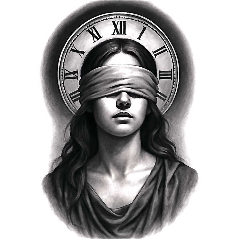 Black and grey clock, blindfold, woman, hair, shirt; grayscale; tattoo project; cover-up suitable.