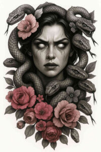 Face of a woman in grayscale with white, vacant eyes, surrounded by coiling snakes and pink rose blossoms; tattoo design concept, cover-up suitable.