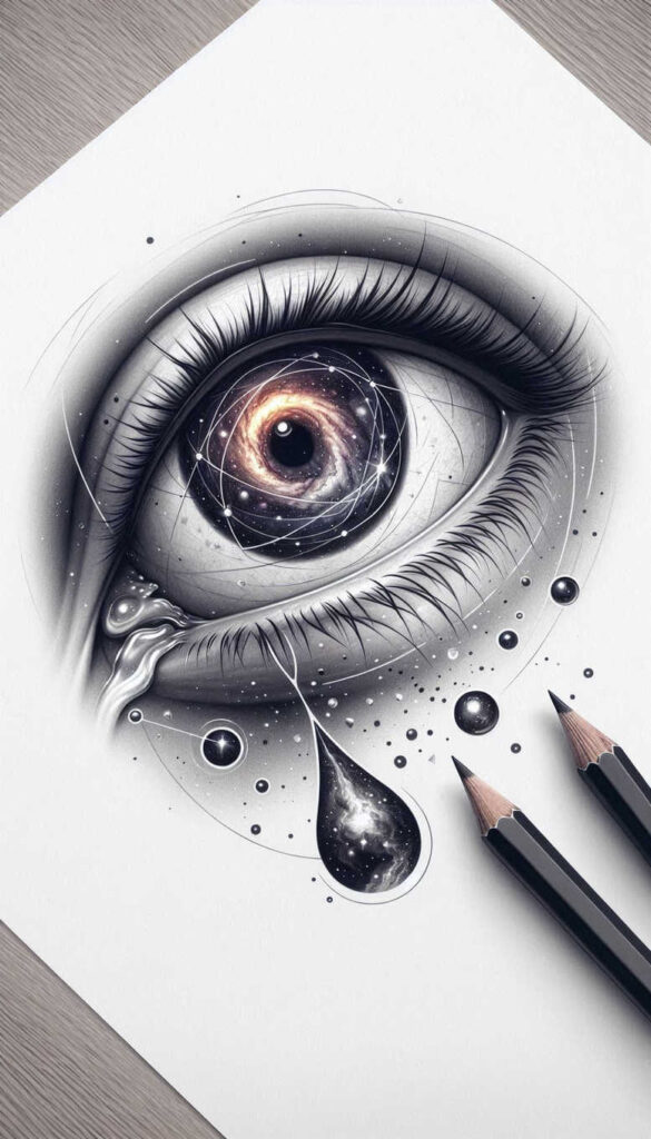 Eye on white paper with grayscale shading, orbiting circles around the iris, teardrop galaxy, and two pencils nearby; black and grey tattoo design concept; pattern.