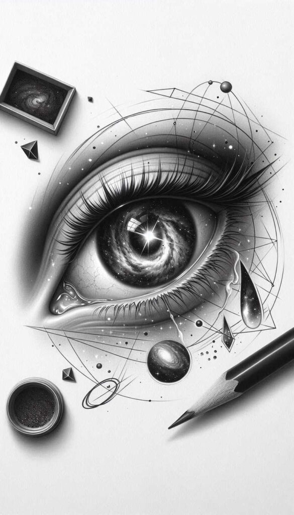 Black and grey eye tattoo with nebula-like pupil, geometric orbit lines, pencil, ink jar, small box, diamond shapes, and distant planets; AI-generated tattoo project; cover-up ready.