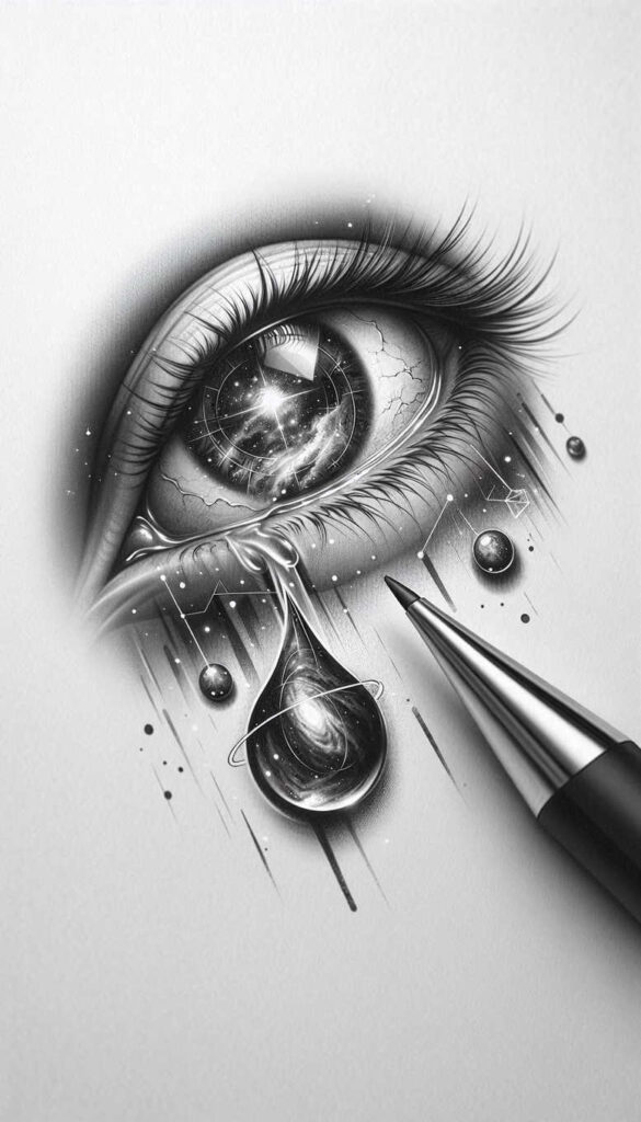 Eye tattoo in black and grey with geometric pattern, orbs, teardrop, and pencil-like tool; AI-generated tattoo project; cover-up ready.