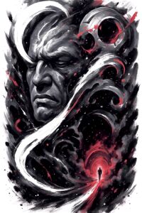 Face of a stern grayscale figure intertwined with white swirls and red orbs; dark, cover-up ready tattoo concept.