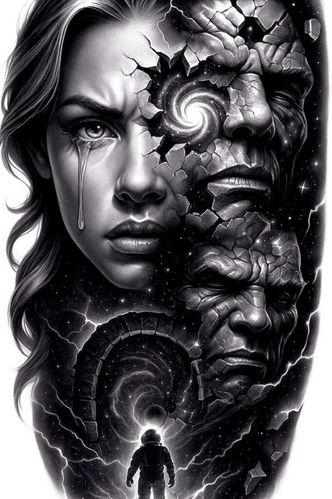 Woman's grayscale portrait on the left merging with cracked rock pattern mask and space portal, black and grey tattoo project; perfect for a cover-up.