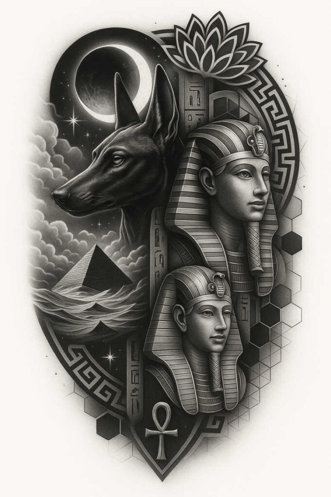 Anubis jackal-headed figure in black and grey tattoo design with pyramid and circular backdrop; cover-up-ready project idea.