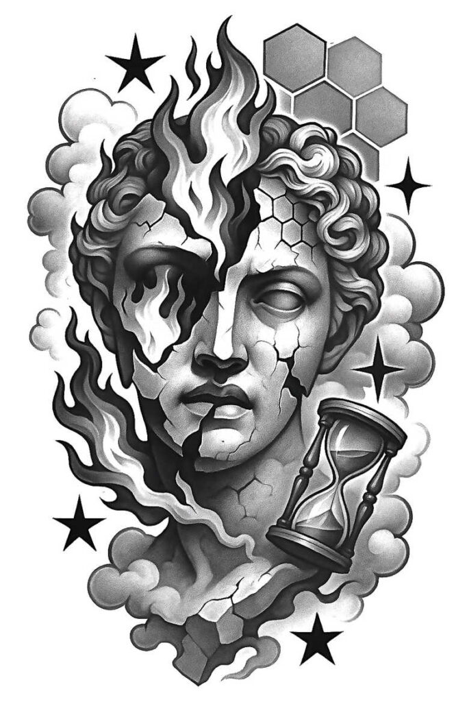 Black and grey tattoo design: cracked statue head with flames, hourglass, clouds, stars, and hexagon shapes; AI-generated tattoo project; ideal cover-up option.
