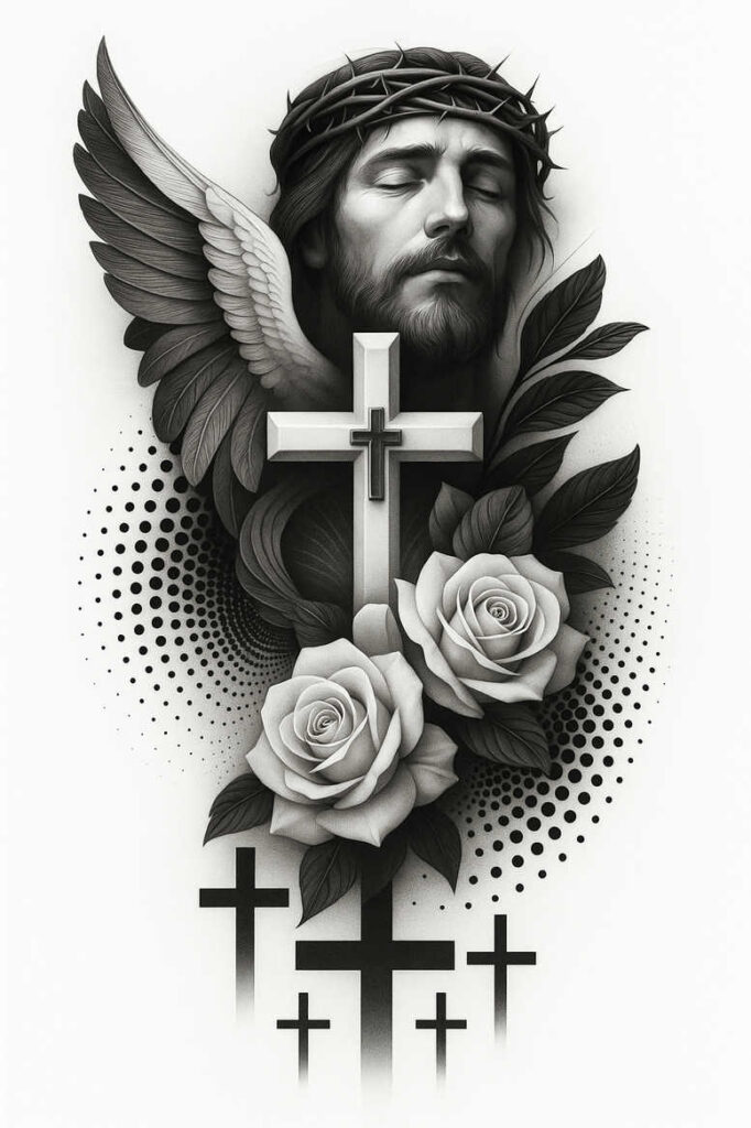 Jesus portrait with cross, wings, and roses in black and grey; AI-generated cover-up tattoo idea with halftone pattern shading.