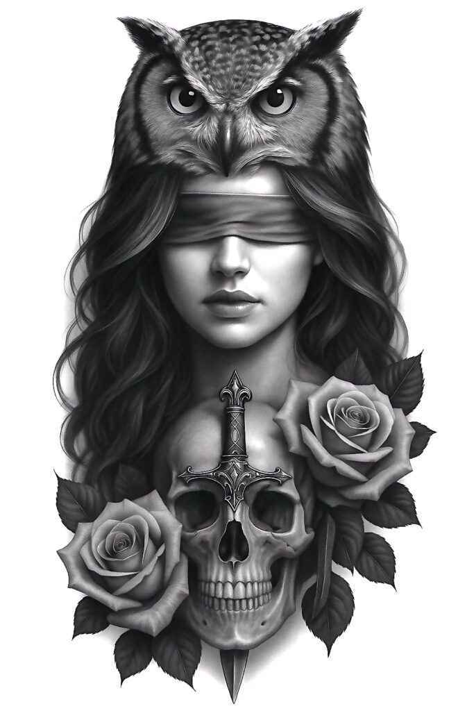 Blindfolded woman with an owl head, skull and roses in black and grey; cover-up tattoo project idea.