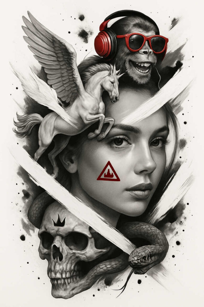 Black and grey tattoo concept: woman, triangle mark, skull, snake, Pegasus, monkey with red headphones and sunglasses; AI-generated tattoo project; cover-up suitable.
