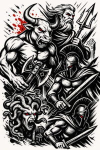 Demon, warrior, knight, axe, sword, shield, helmet, trident, and snake in black and grey ink; cover-up project.