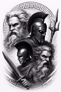 Cover-up ready grayscale illustration of a helmeted warrior, bearded sage, and sword-wielding figures framed by a circular Greek-key motif.