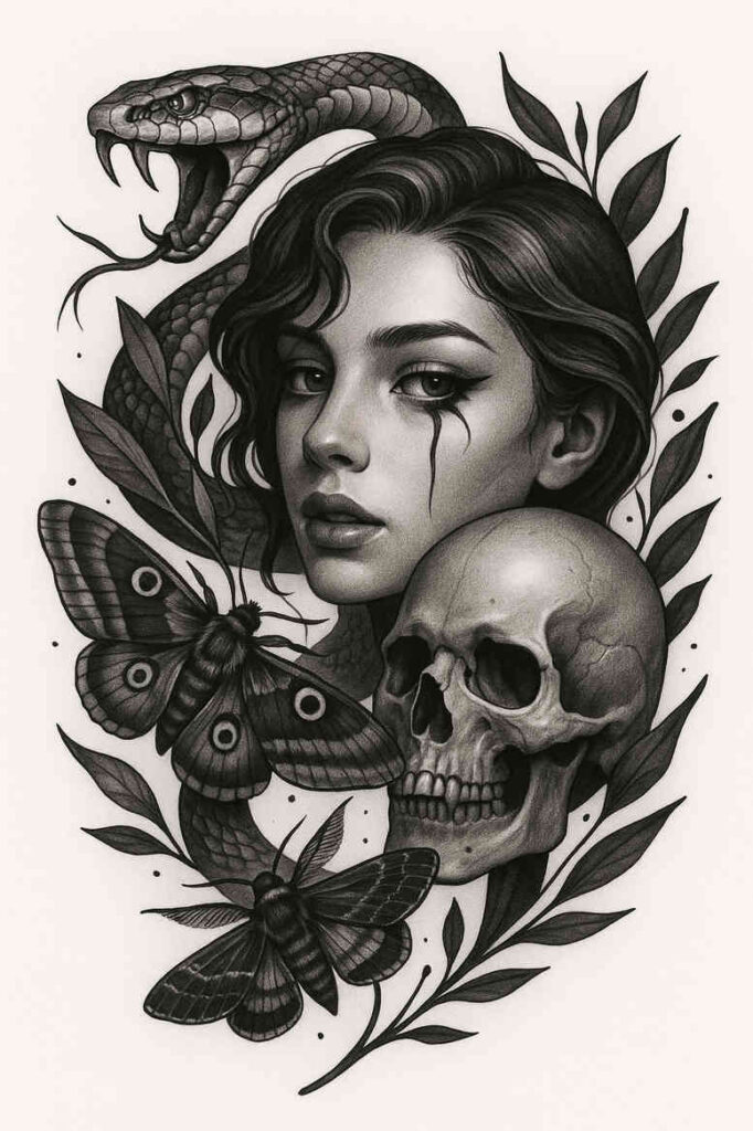 Black and grey tattoo design featuring a woman portrait, skull, butterfly, snake, leaf, and vine—an idea for a cover-up.