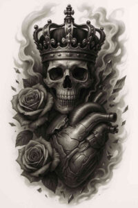 Skull, crown, glove, and roses in black and grey; tattoo design idea; cover-up suitable.
