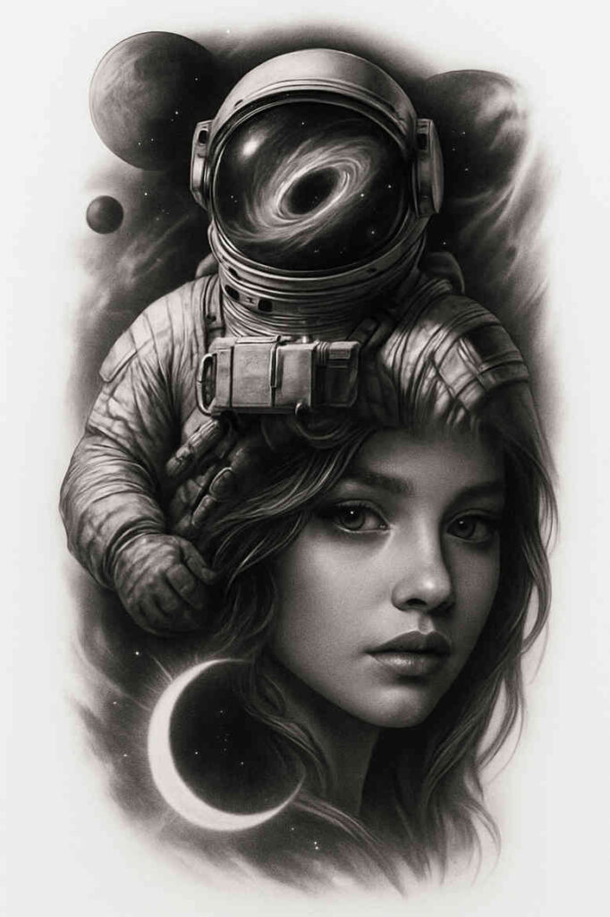Astronaut in helmet over a girl's face with a crescent moon; black and grey tattoo design idea, cover-up-ready.