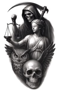 Black and grey grayscale scene featuring grim reaper, scales, blindfolded woman, owl, and skull; cover-up-ready project.