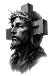 Face in black and grey with crown of thorns, long hair, and geometric pattern blocks behind; AI-generated tattoo project; cover-up-ready.