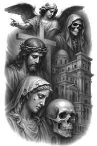 Black and grey tattoo design featuring angel, cross, Jesus, Mary, skull, cathedral, and hooded reaper; cover-up project.