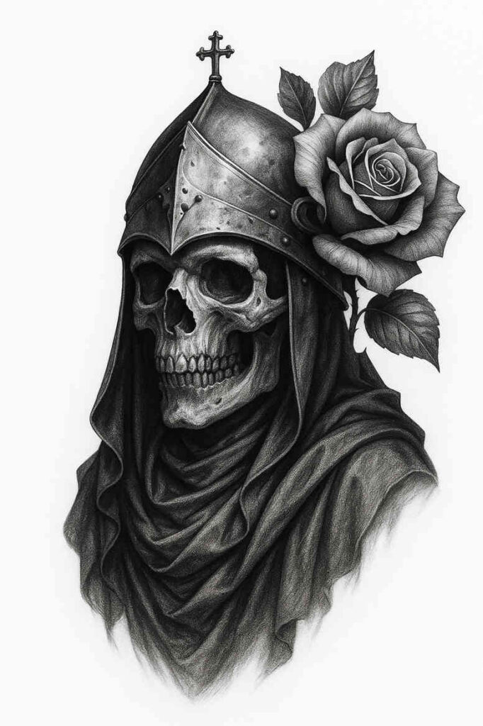 Skull in a medieval knight helmet and hood with a detailed rose, rendered in black and grey; tattoo design idea; cover-up-ready.