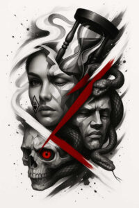 Portrait of a female face in black-and-grey geometric shading with hourglass, coiled snake, and skull; bold red slash marks a cover-up ready tattoo project.