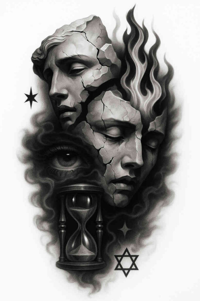 Cracked ancient stone faces with ancient hourglass tattoo design in black and grey; a cover-up-ready tattoo project.