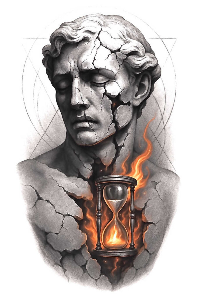 Bust statue in black and grey with cracks, hourglass in chest, orange flames, and circular rings in the background; tattoo project idea, cover-up suitable.