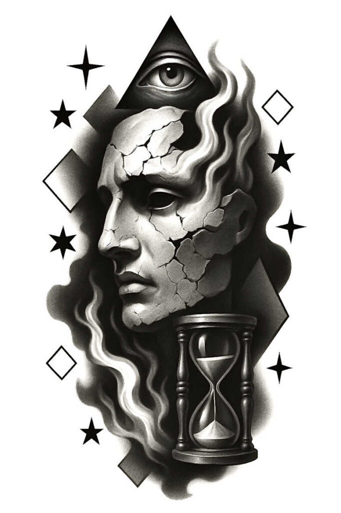 Black and grey tattoo design of a cracked statue head with an eye inside a triangle, flowing smoke, an hourglass, and surrounding diamonds and stars; project for cover-up.