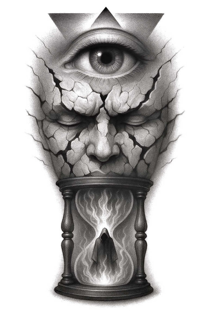 Face with cracked stone texture and single eye, triangle above, hourglass frame with a hooded figure inside; black and grey tattoo design concept for cover-up.