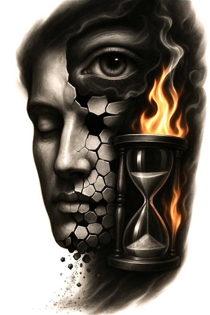 Black-and-grey AI-generated tattoo project: a realistic face with hexagonal cracks, an hourglass, and flames.