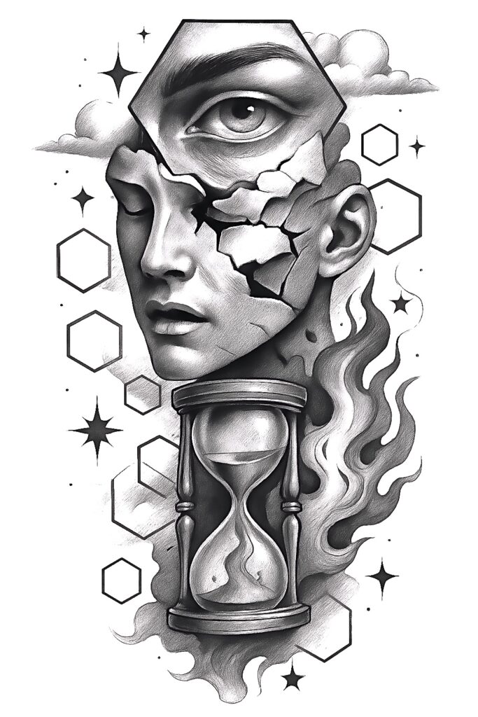 Black and grey illustration featuring eye, hourglass, cracks in a shattered face, hexagon shapes, clouds, smoke, flames; concept tattoo project; perfect for a cover-up.