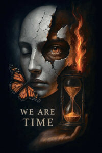Face split into grayscale cracked left half and fiery right half, featuring a butterfly, hourglass, and flame; black and grey tattoo project, cover-up-ready.
