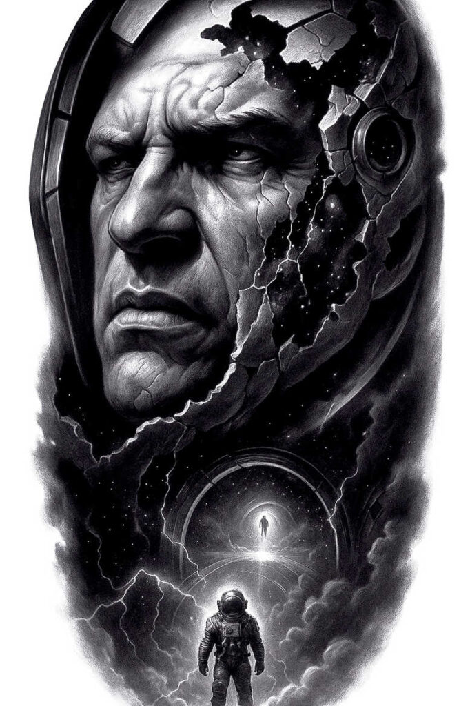 Face, helmet, astronaut, portal, ring in black and grey; cover-up project tattoo.