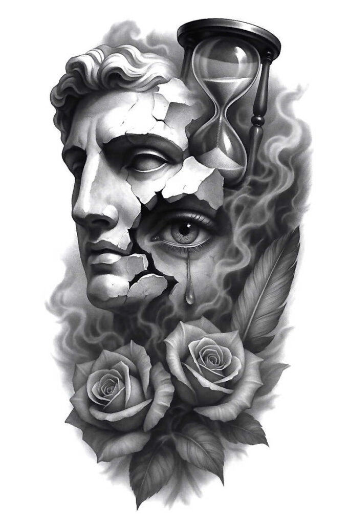 Black and grey tattoo project: cracked statue bust with an eye and tear, hourglass above, smoke, roses, and a feather; suitable for cover-up.