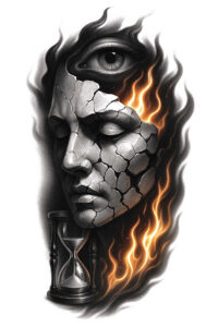 Face rendered as grayscale cracked stone with orange flames along the right and an hourglass at the chin; eye visible; black and grey tattoo design idea, suitable for a cover-up.