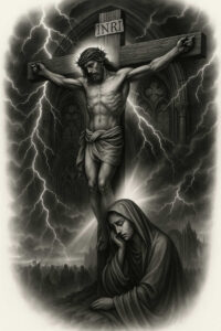 Crucifix cross, mary-like woman, lightning bolts, gothic church windows, and flowing robe in black and grey; AI-generated tattoo project; suitable for cover-up.