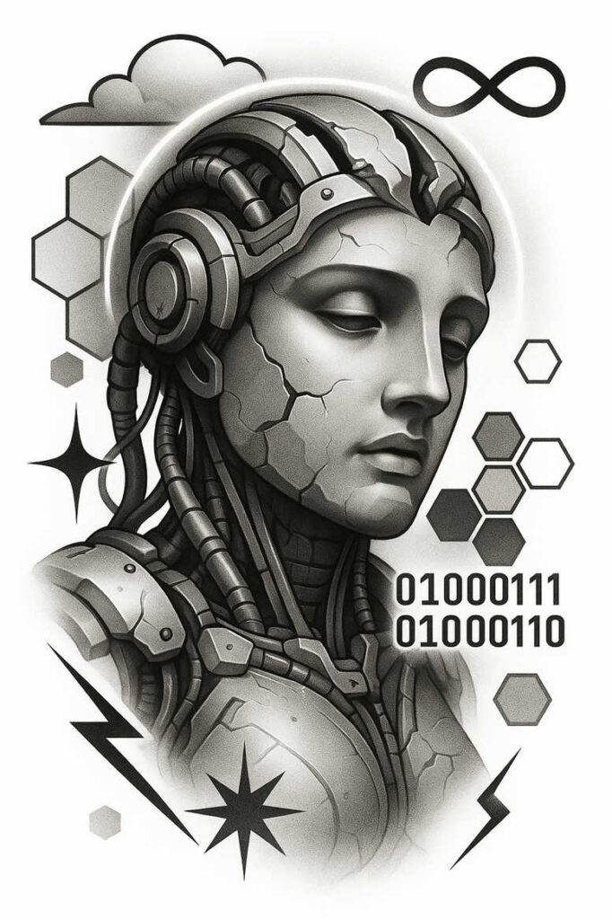 Black-and-grey cyborg head wearing headphones with cracked armor, visible circuitry, hexagons, clouds, stars, infinity symbol, and a number; tattoo design project; not a cover-up.