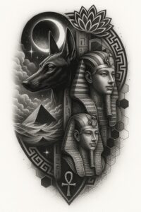 Black and grey tattoo design idea featuring Anubis, two pharaohs, lotus, crescent moon, pyramids, clouds, ankh, and a circular geometric border; project for cover-up.