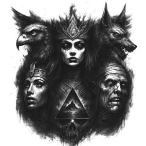 Central queen with crown in black and grey, flanked by eagle, wolf, skull, and a warrior woman; triangle with mountain motif; AI-generated tattoo project, ideal cover-up.