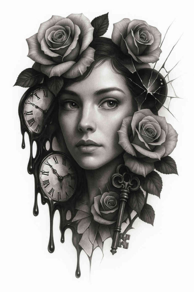 Fine line black and grey rose tattoo design featuring a realistic female portrait surrounded by blooming roses; perfect for a cover-up project.
