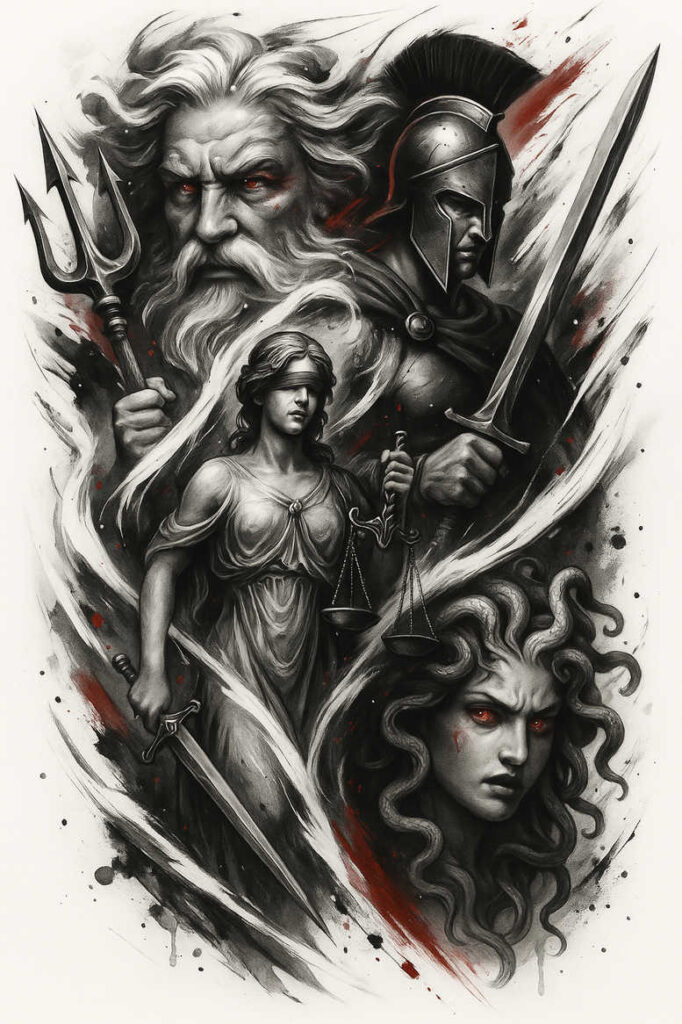 Justice scales, blindfolded woman with sword, bearded figure with trident, armored helmet, and Medusa with serpentine hair in black-and-grey ink; AI-generated tattoo project; cover-up-ready.