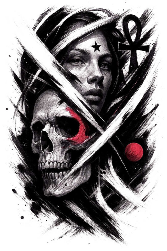 Black and grey portrait of a woman with a skull, ankh symbol, sweeping white strokes, and red accents; AI-generated tattoo project; cover-up ready.