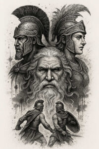 Central bearded elder portrait with two Spartan warriors in patterned armor engravings; helmets, shields visible; dark tattoo design suitable for a cover-up.