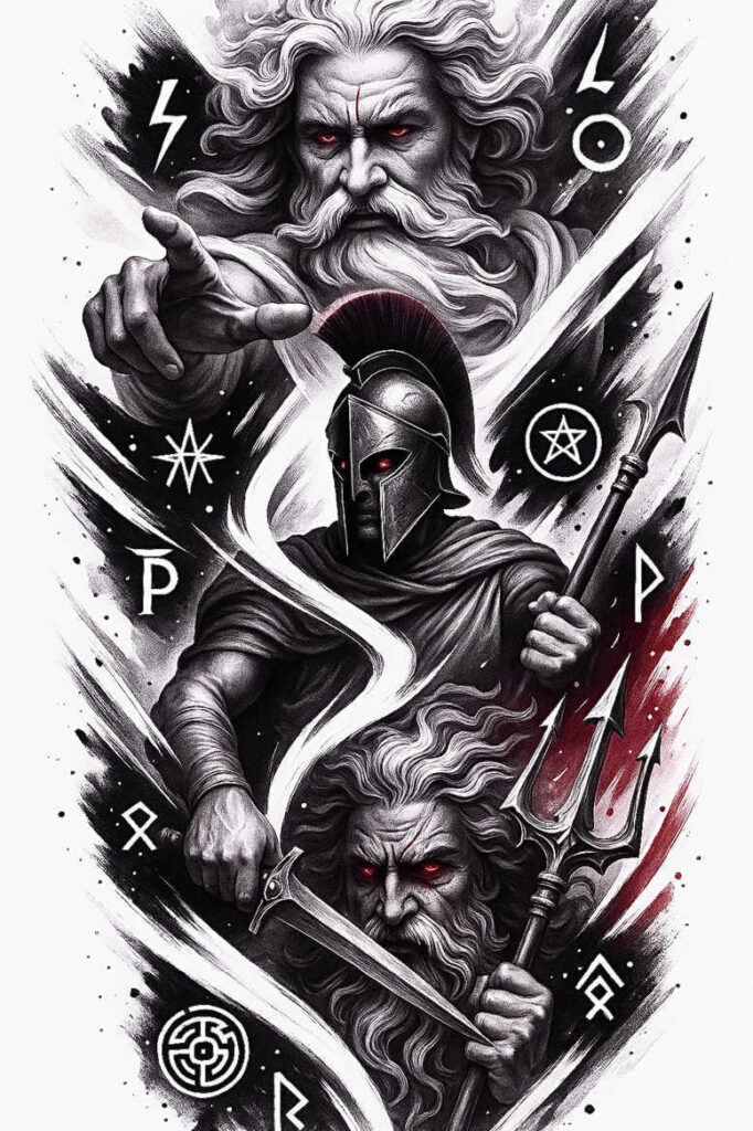 Black and grey tattoo idea featuring god, knight, and warrior; AI-generated project; cover-up ready.